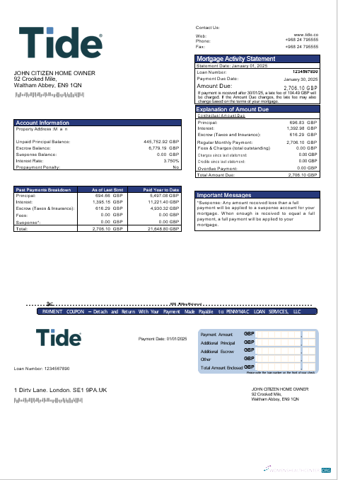 Реалистичный Скачать Великобритания Tide Банк Ипотека Выписка в Word и PDF Formats Photoshop Шаблон