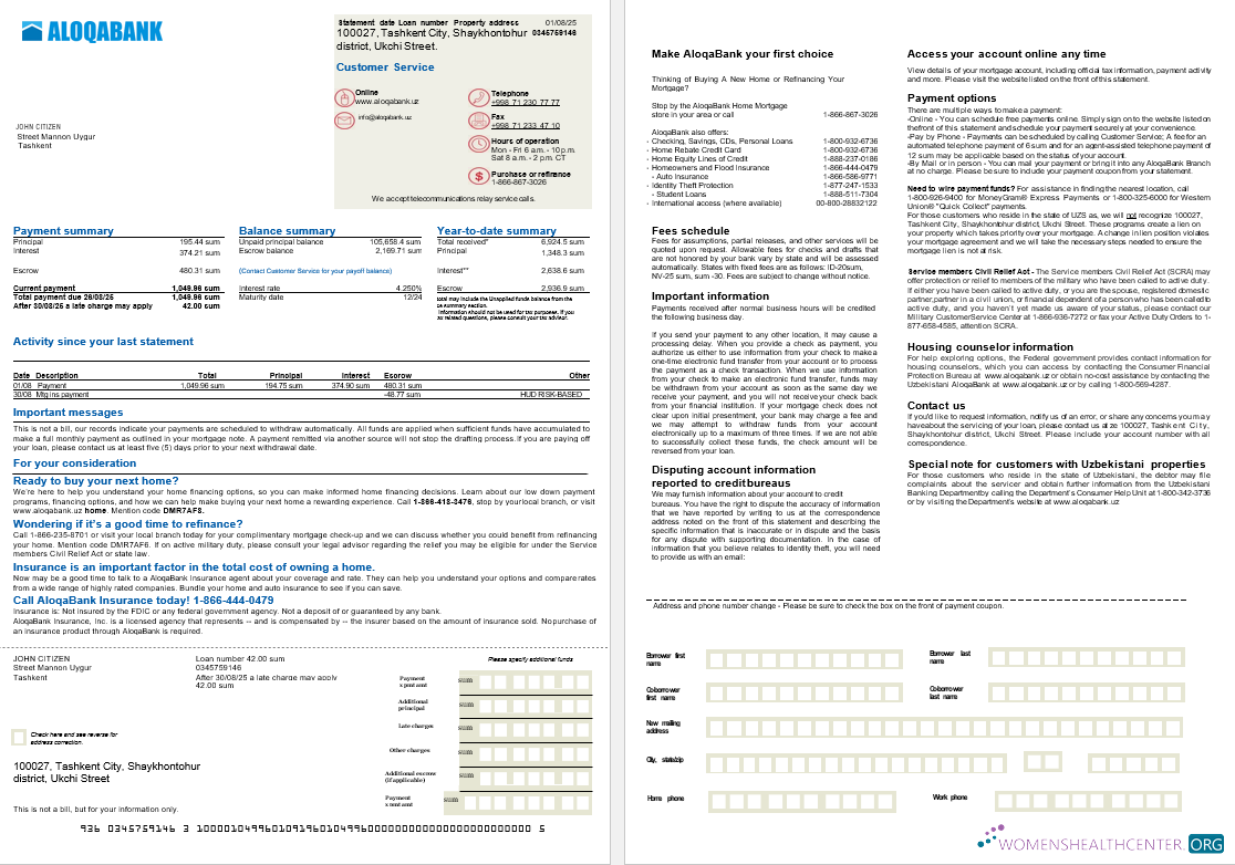 Профессиональный Скачать Uzbekistani Aloqabank Ипотека Выписка в Word и PDF Formats, 2 Страниц Photoshop Шаблон