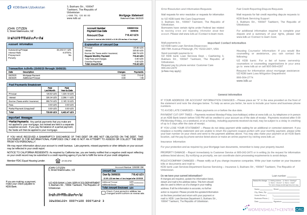 Редактируемый Скачать Uzbekistani KDB Банк Ипотека Выписка в Word и PDF Formats Photoshop Шаблон