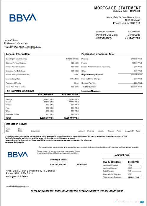 Реалистичный Скачать Венесуэла BBVA Банк Ипотека Выписка в Word и PDF Formats Photoshop Шаблон