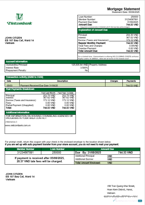 Реалистичный Скачать Вьетнам Vietcombank Ипотека Выписка в Word и PDF Formats Photoshop Шаблон