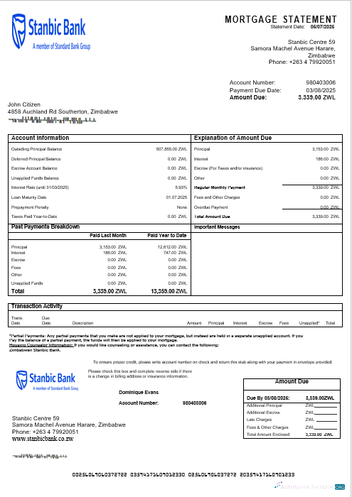 Редактируемый Скачать Zimbabwean Stanbic Банк Ипотека Выписка в Word и PDF Formats Photoshop Шаблон