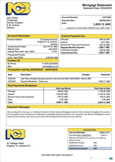 Профессиональный Ямайка Национальный Коммерческий Банк Ямайка ООО (NCB) Ипотека Выписка Word и PDF Шаблон