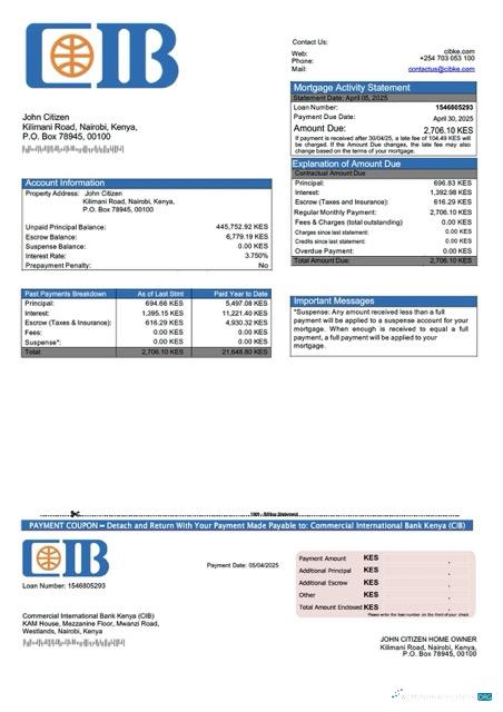 Профессиональный Кения Коммерческий Международный Банк Кения (CIB) Ипотека Выписка Word и PDF Шаблон