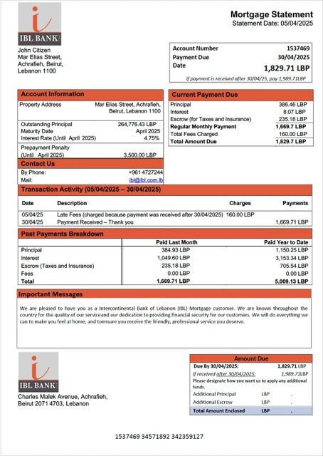Качественный Ливан Intercontinental Банк Ливан (IBL) Ипотека Выписка Word и PDF Шаблон
