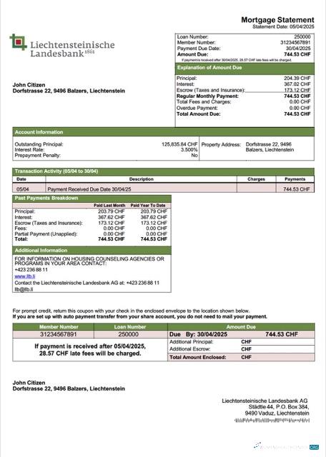 Качественный Лихтенштейн Liechtensteinische Landesbank AG Ипотека Выписка Word и PDF Шаблон