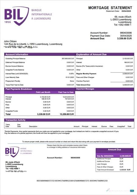 Премиум Люксембург Banque Internationale À Люксембург Ипотека Выписка Word и PDF Шаблон