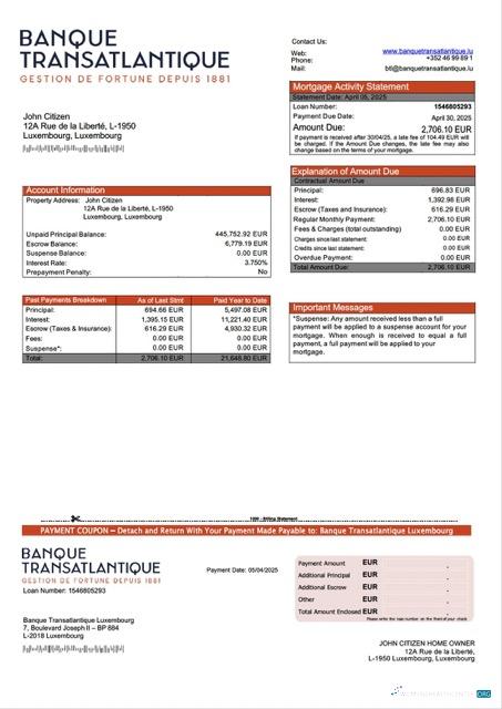 Качественный Люксембург Banque Transatlantique Люксембург Ипотека Выписка Word и PDF Шаблон