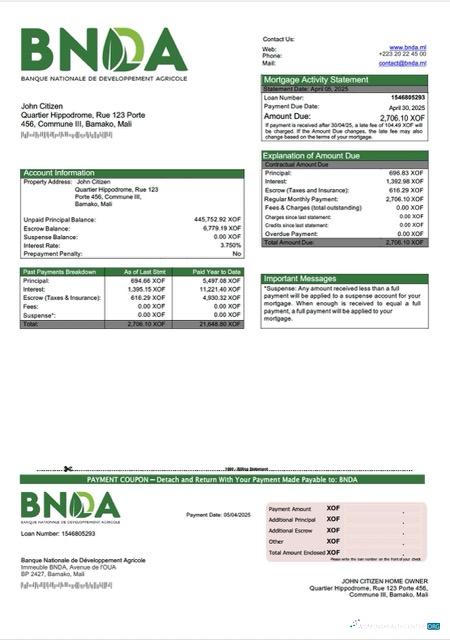 Качественный Мали Banque Nationale de Développement Agricole (BNDA) Ипотека Выписка Word и PDF Шаблон