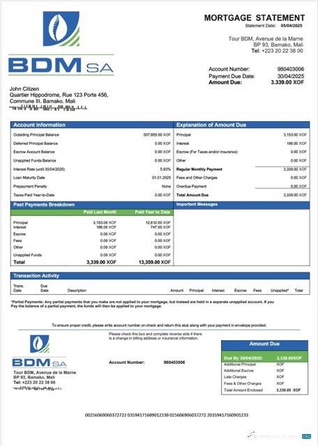 Профессиональный Мали Banque Du Développement Du Мали (BDM) Ипотека Выписка Word и PDF Шаблон