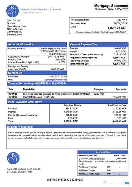 Профессиональный Мали Banque pour Le Commerce et L'Industrie Du Мали (BCI Мали) Ипотека Выписка Word и PDF Шаблон