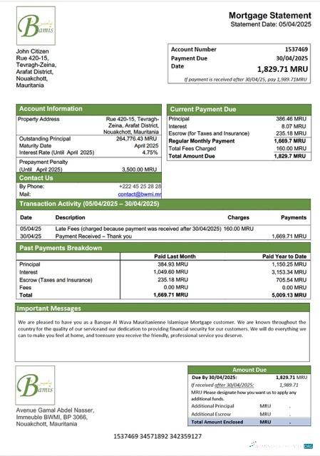 Премиум Мавритания Banque Al Wava Mauritanienne Islamique Ипотека Выписка Word и PDF Шаблон