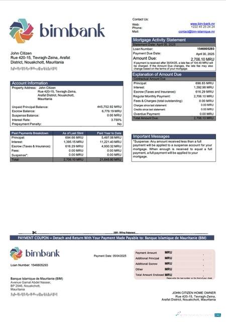 Редактируемый Мавритания Banque Islamique de Mauritanie (BIM) Ипотека Выписка Word и PDF Шаблон