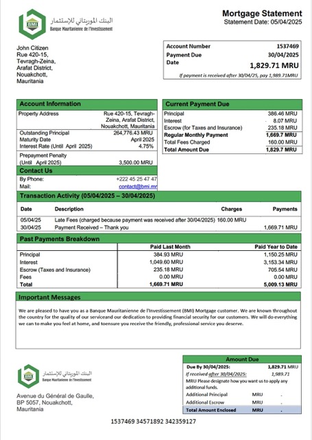 Премиум Мавритания Banque Mauritanienne de L'Investissement (BMI) Ипотека Выписка Word и PDF Шаблон
