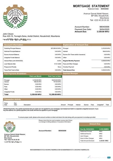Качественный Мавритания Banque Nationale de Mauritanie (BNM) Ипотека Выписка Word и PDF Шаблон