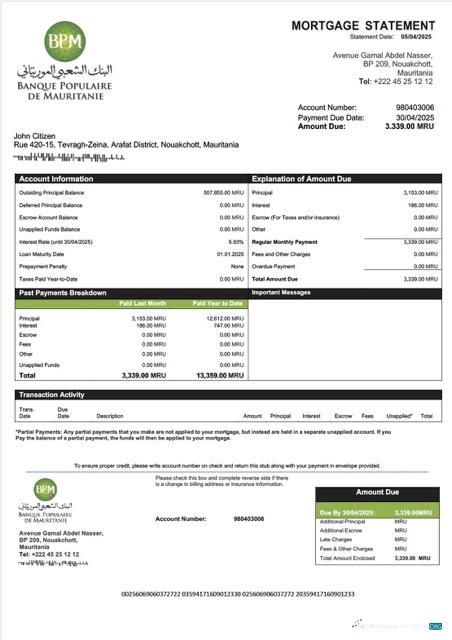 Реалистичный Мавритания Banque Populaire de Mauritanie (BPM) Ипотека Выписка Word и PDF Шаблон
