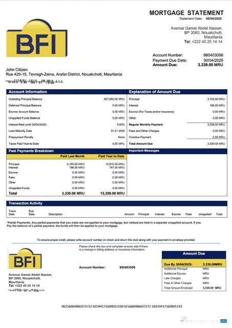 Профессиональный Мавритания Banque Des Financements Islamiques (BFI) Ипотека Выписка Word и PDF Шаблон