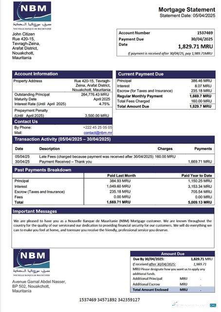 Качественный Мавритания Nouvelle Banque de Mauritanie (NBM) Ипотека Выписка Word и PDF Шаблон