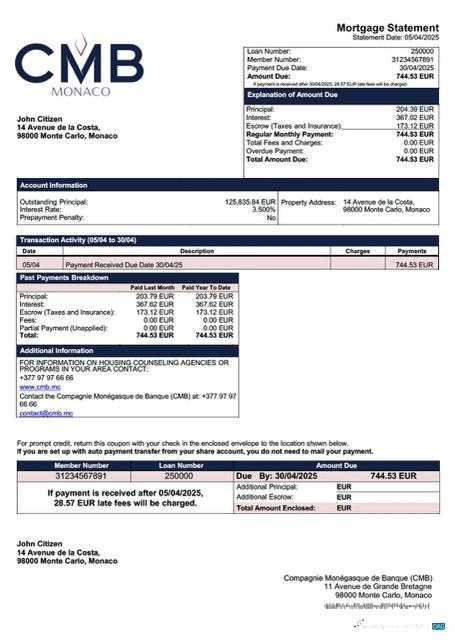Редактируемый Монако Compagnie Monégasque de Banque (CMB) Ипотека Выписка Word и PDF Шаблон