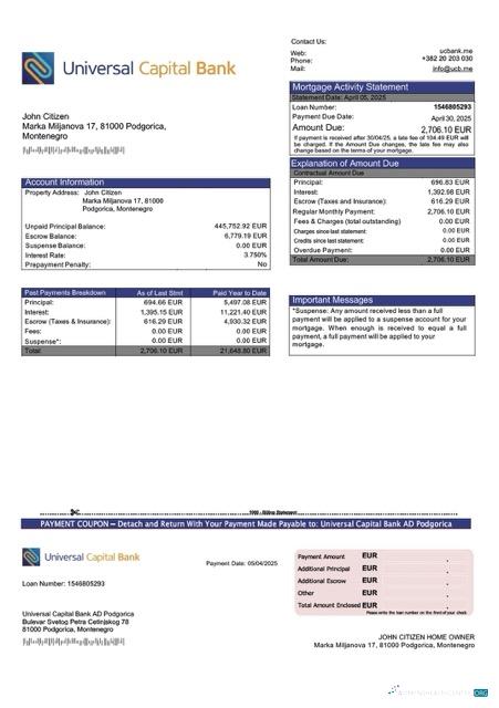 Профессиональный Черногория Universal Столичный Банк AD Podgorica Ипотека Выписка Word и PDF Шаблон