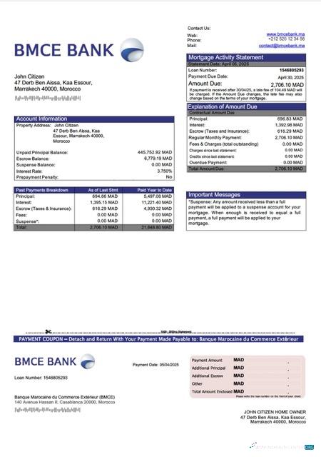 Редактируемый Марокко Banque Marocaine Du Commerce Extérieur (BMCE) Ипотека Выписка Word и PDF Шаблон