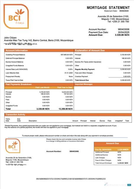 Реалистичный Мозамбик Banco Comercial E de Investimentos Ипотека Выписка Word и PDF Шаблон