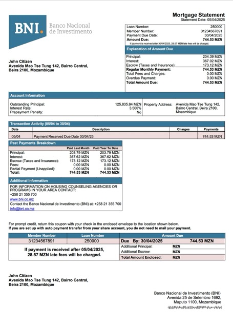 Реалистичный Мозамбик Banco Nacional de Investimento (BNI) Ипотека Выписка Word и PDF Шаблон