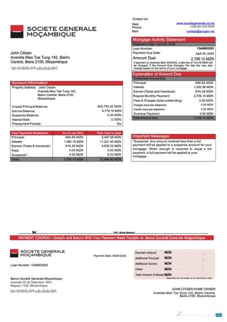 Профессиональный Мозамбик Banco Societé Generale Moçambique Ипотека Выписка Word и PDF Шаблон