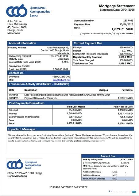 Реалистичный Северный Macedonia Centralna Kooperativna Banka AD Skopje Ипотека Выписка Word и PDF Шаблон