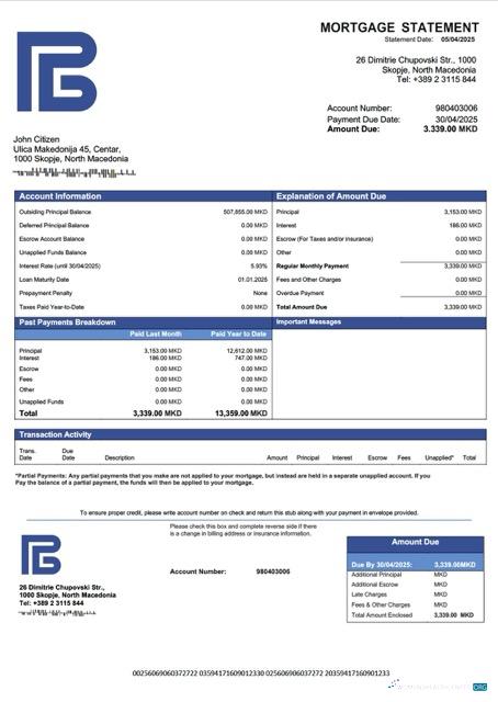 Реалистичный Северный Macedonia Развития Банк Северный Macedonia Ипотека Выписка Word и PDF Шаблон