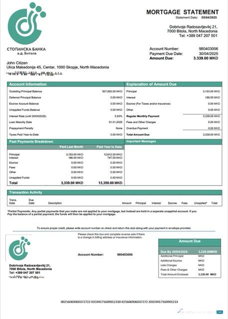 Премиум Северный Macedonia Stopanska Banka AD Bitola Ипотека Выписка Word и PDF Шаблон