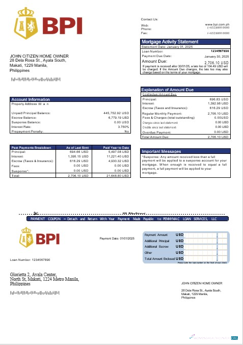 Philippine Банк Philippine Острова Ипотека Выписка в Word и PDF Formats дизайн