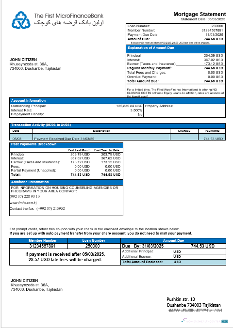 Tajikistani Первый MicroFinance (FMFB) Ипотека Выписка в Word и PDF Formats превью