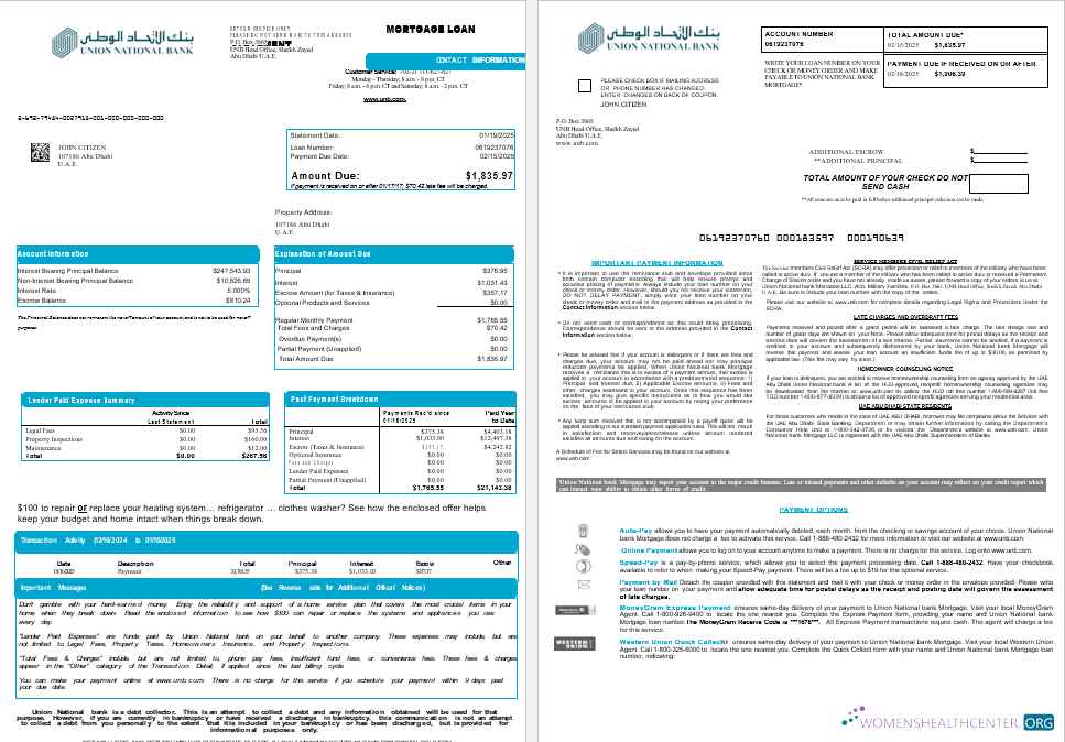 UAE Abu Dhabi Юнион Национальный Банк Ипотека Займ Выписка в Word и PDF Formats , 8 Страниц 1 2 дизайн
