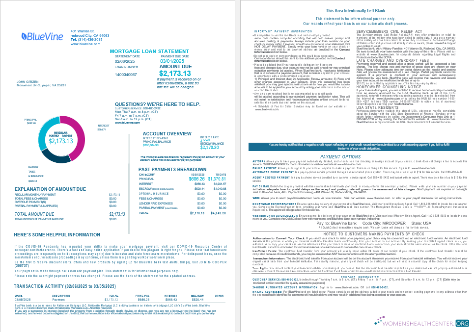 USA California BlueVine Банк Ипотека Займ Выписка в Word и PDF Formats , 4 Страниц 1 2 превью