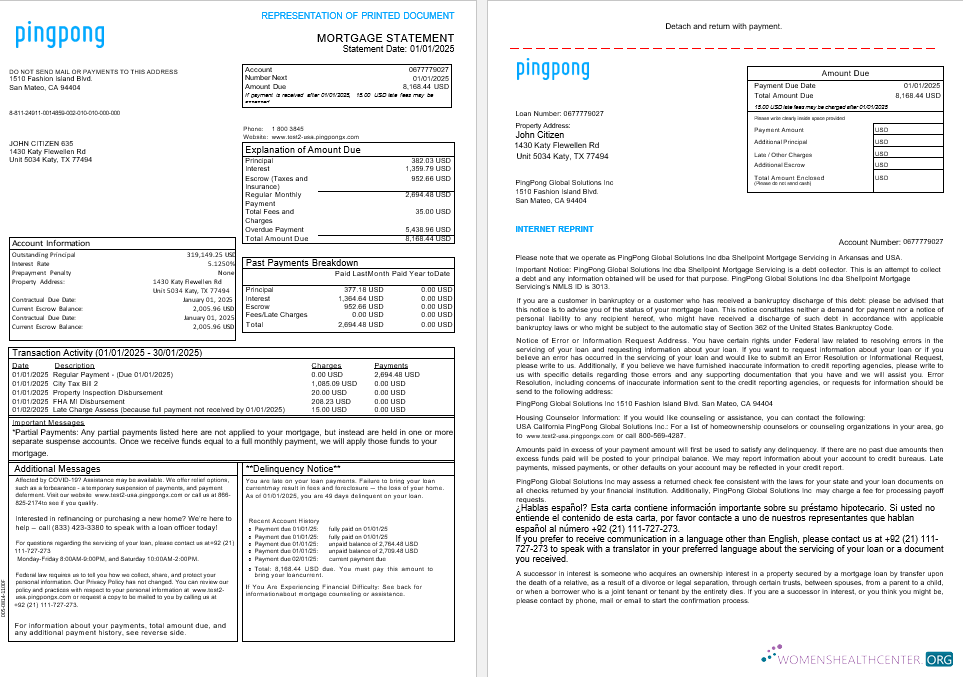 USA California PingPong Global Solutions Inc Ипотека Выписка в Word и PDF Formats, 3 Страниц 1 2 макет
