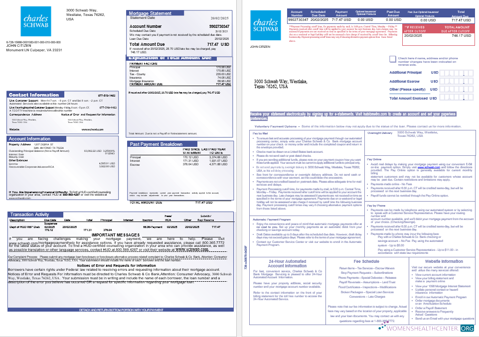 USA Charles Schwab & Co Банк Ипотека Выписка в Word и PDF Formats, 3 Страниц 1 2 превью