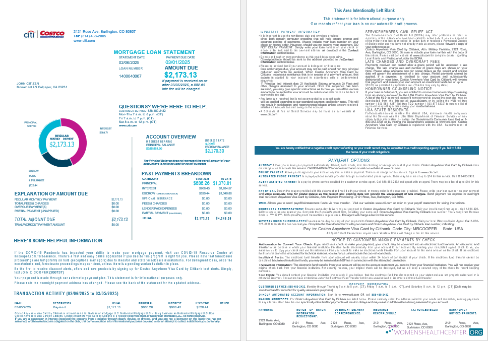 USA Costco Anywhere Visa Карта By Citi Банк Ипотека Займ Выписка в Word и PDF Formats , 4 Страниц образец