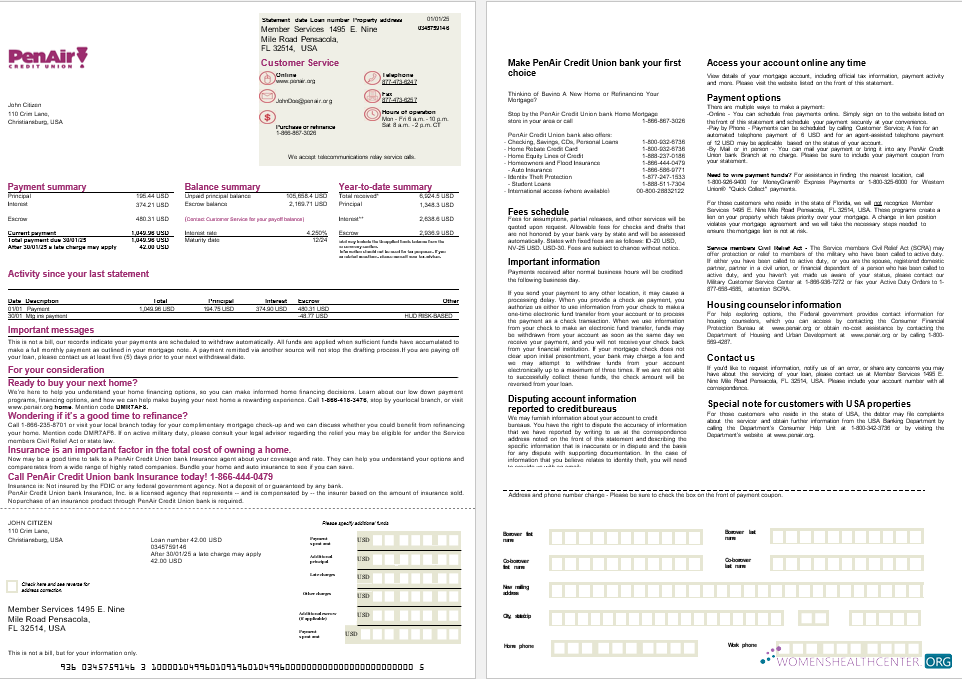 USA Florida PenAir Кредитная Юнион Банк Ипотека Выписка в Word и PDF Formats, 2 Страниц макет