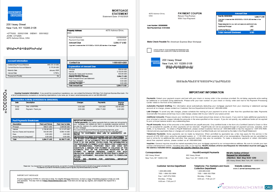 USA Новый York American Express Синий Банк Ипотека Выписка в Word и PDF Formats 1 2 превью