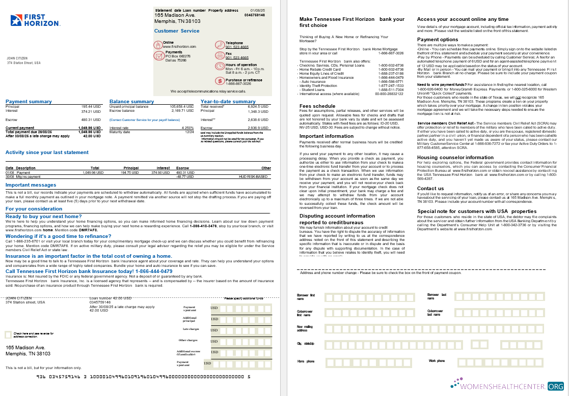 USA Tennessee Первый Horizon Банк Ипотека Выписка в Word и PDF Formats, 2 Страниц дизайн