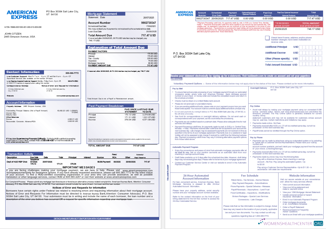 USA American Express Банк Ипотека Выписка в Word и PDF Formats, 3 Страниц 1 2 шаблон