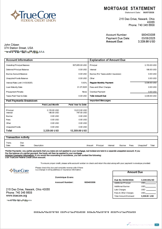 USA TrueCore Федеральный Кредитная Юнион Счет Ипотека Выписка в Word и PDF Formats дизайн
