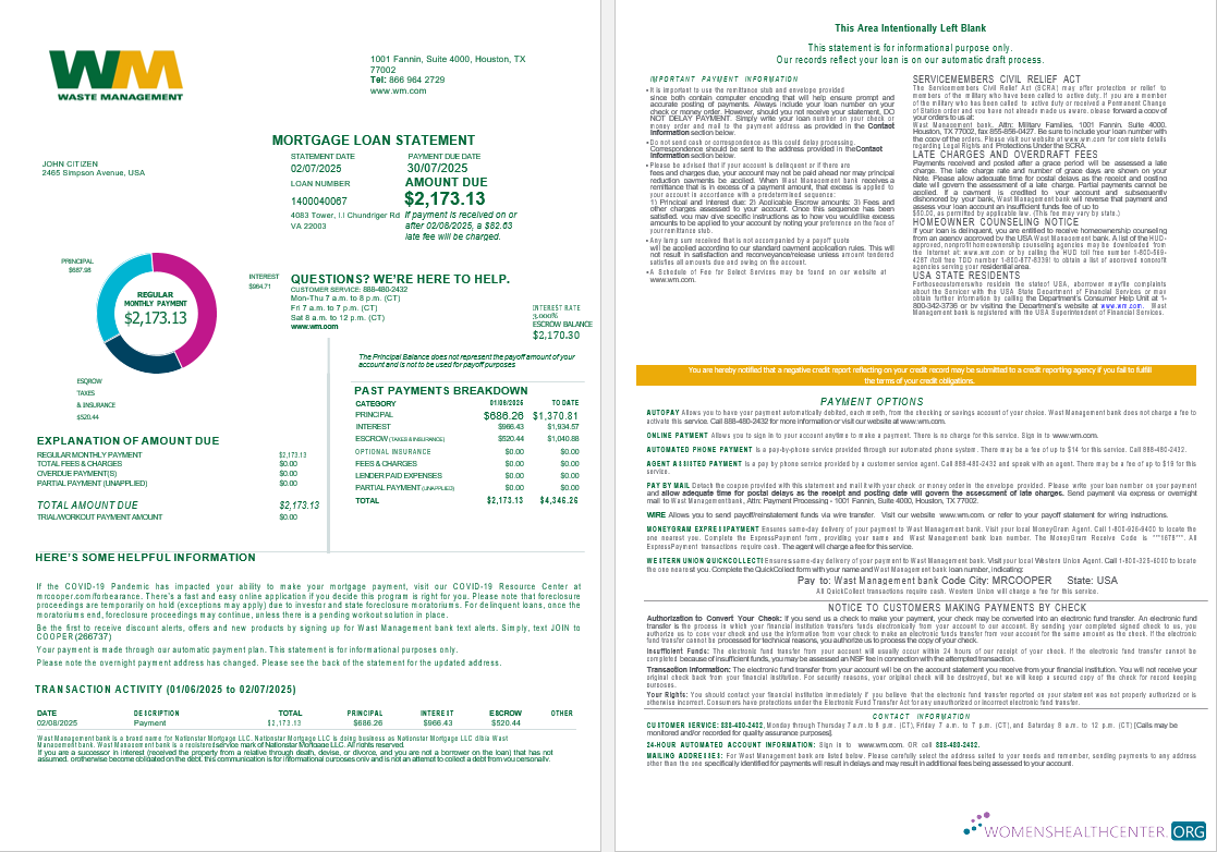 USA Waste Management Банк Ипотека Займ Выписка в Word и PDF Formats , 4 Страниц 1 2 макет