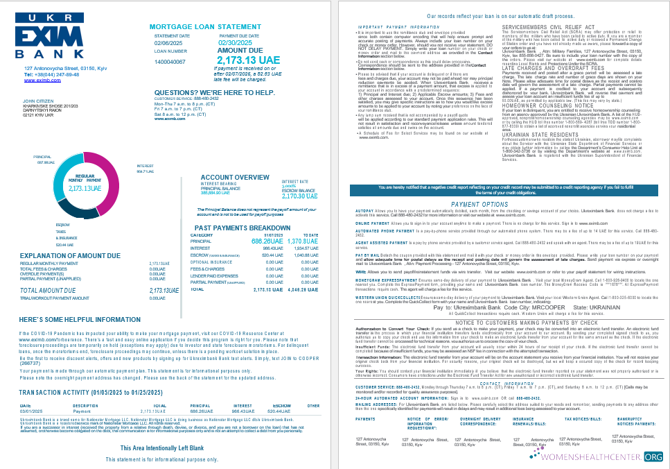 Ukrainian Ukreximbank Банк Ипотека Займ Выписка в Word и PDF Formats , 4 Страниц 1 2 макет