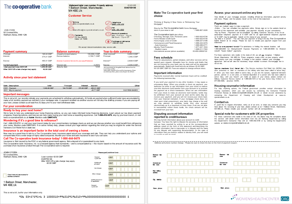 Великобритания Co Operative Банк Ипотека Выписка в Word и PDF Formats, 2 Страниц макет