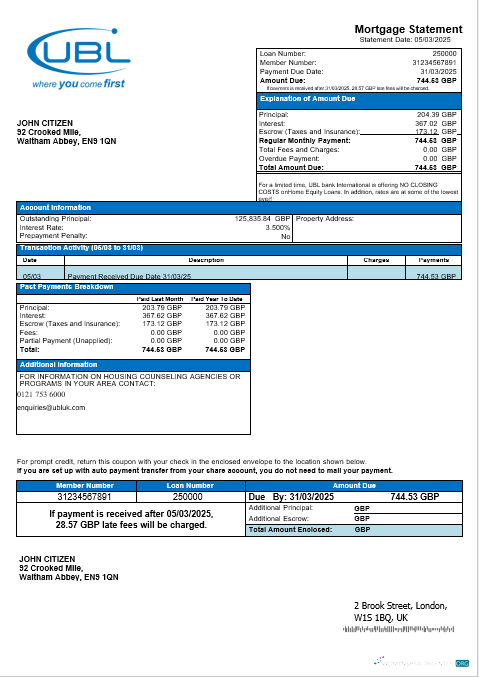 Великобритания Объединенный Банк ООО (UBL) Банк Ипотека Выписка в Word и PDF Formats дизайн