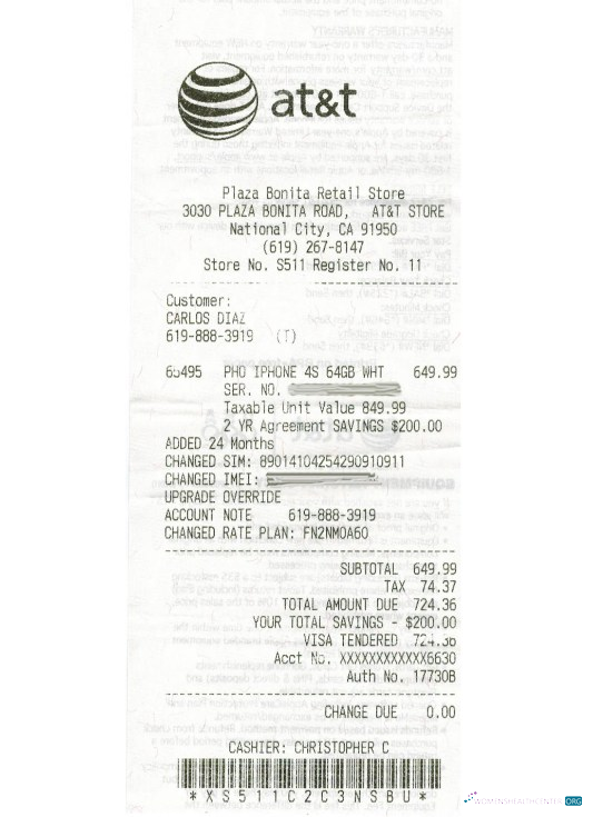 Реалистичный Скачать At&t Telecommunications Компания Receipt Photoshop Шаблон