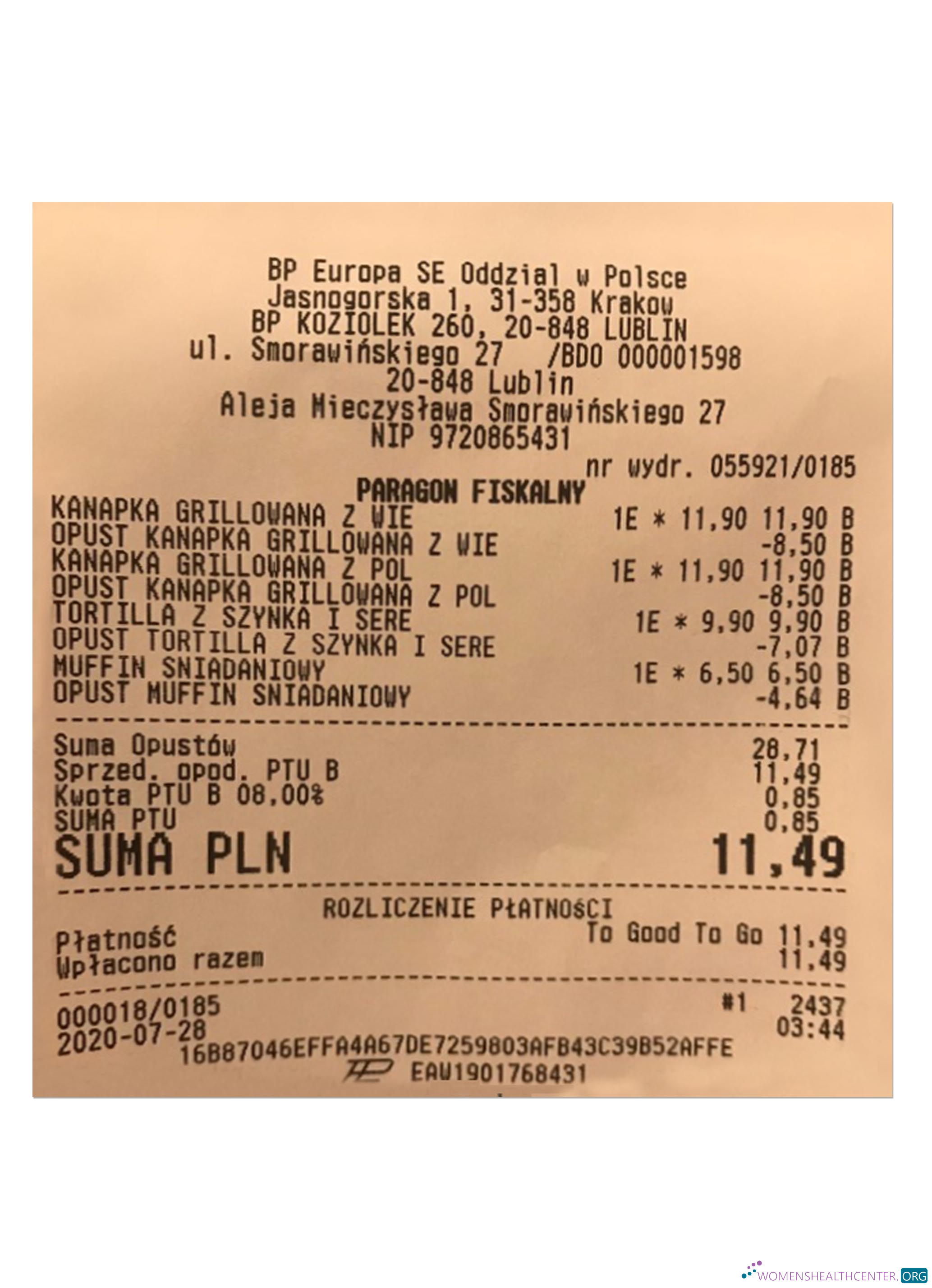 Качественный Скачать BP EUROPA SE ODDZIAL Receipt Photoshop Шаблон