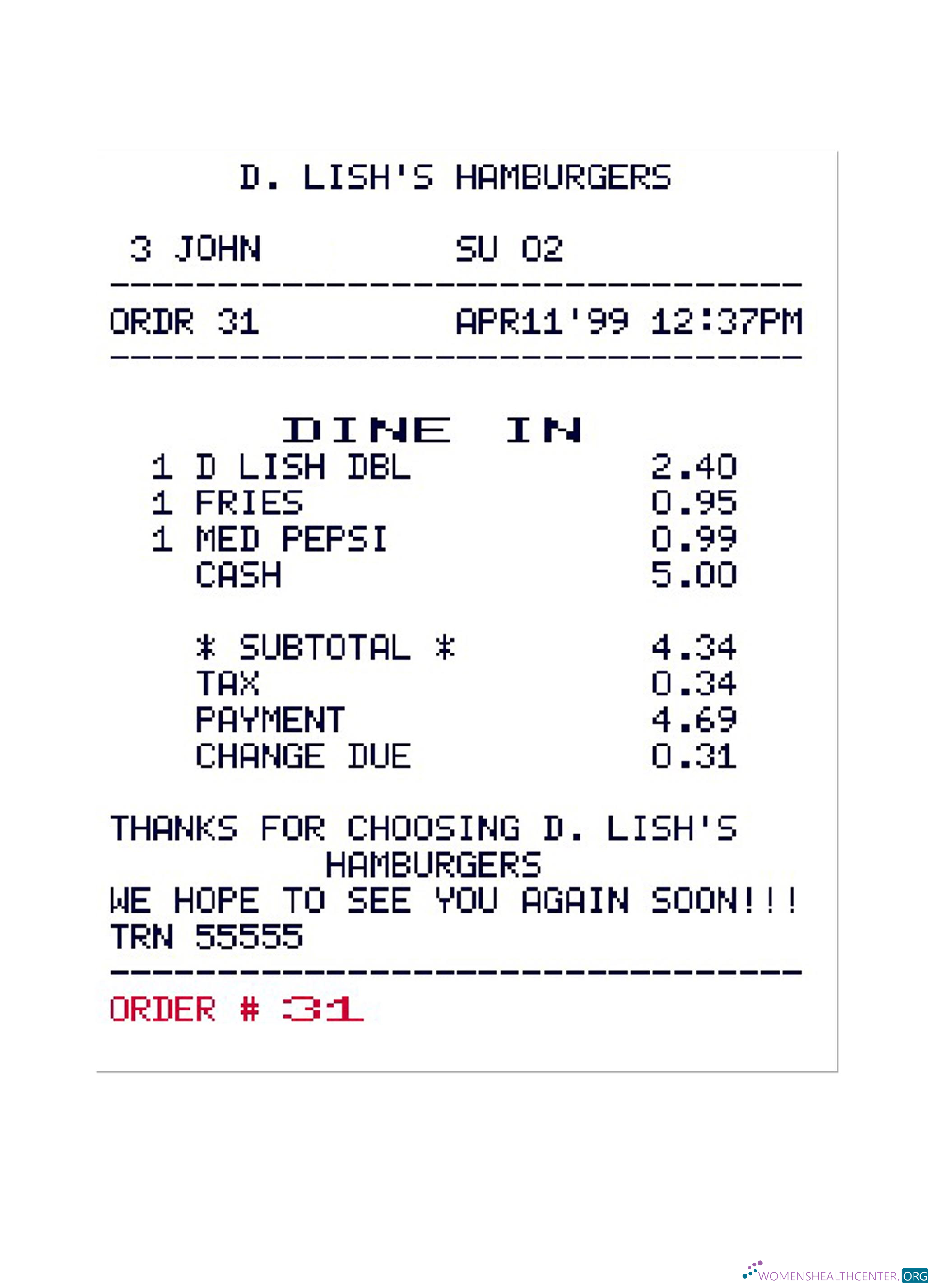 Реалистичный Скачать D. LISH'S HAMBURGERS Payment Check Photoshop Шаблон